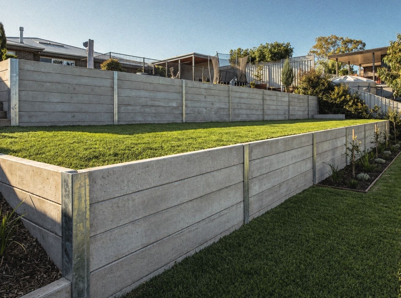 Completed concrete sleeper retaining wall and landscaped backyard by A1 Retaining